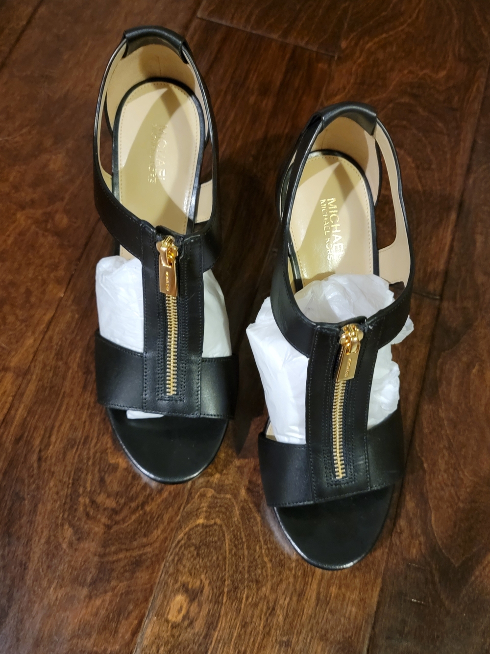 MICHAEL Michael Kors Black Leather Zip Front Sandals